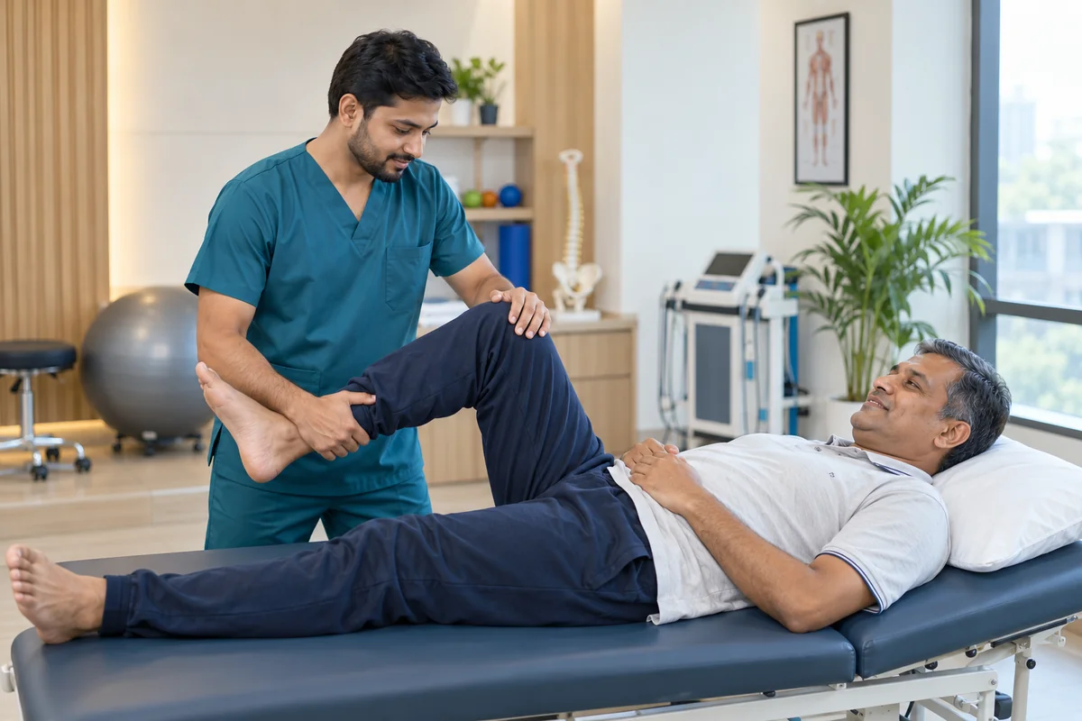 AI-generated physiotherapist guiding an adult patient through gentle knee rehabilitation